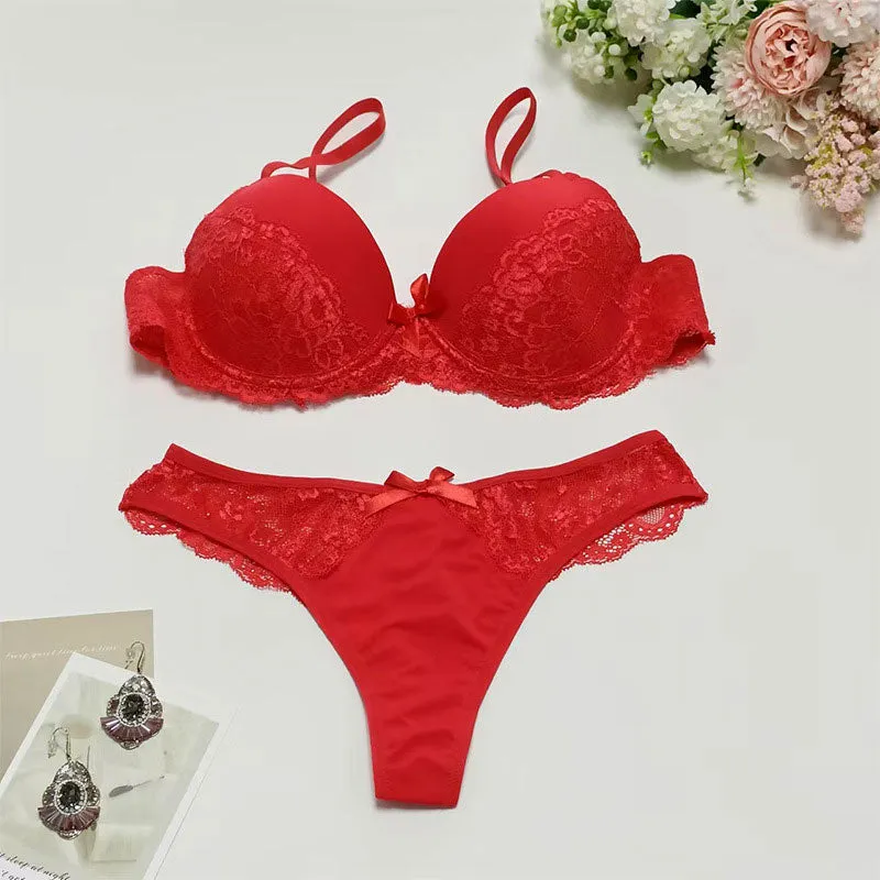 Solid Bowknot Decoration Lace 2PCS Lingerie Set