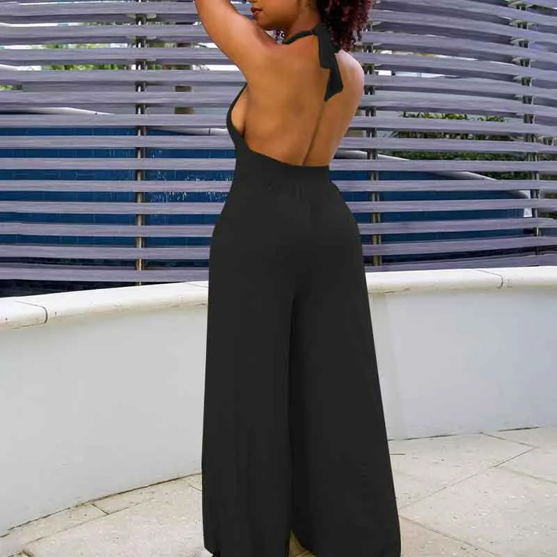 Solid Deep V-Neck Halter Wide Leg Jumpsuit
