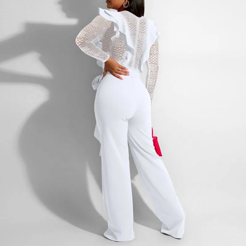 Solid Deep V-Neck Long Sleeve Lace Belted Jumpsuit