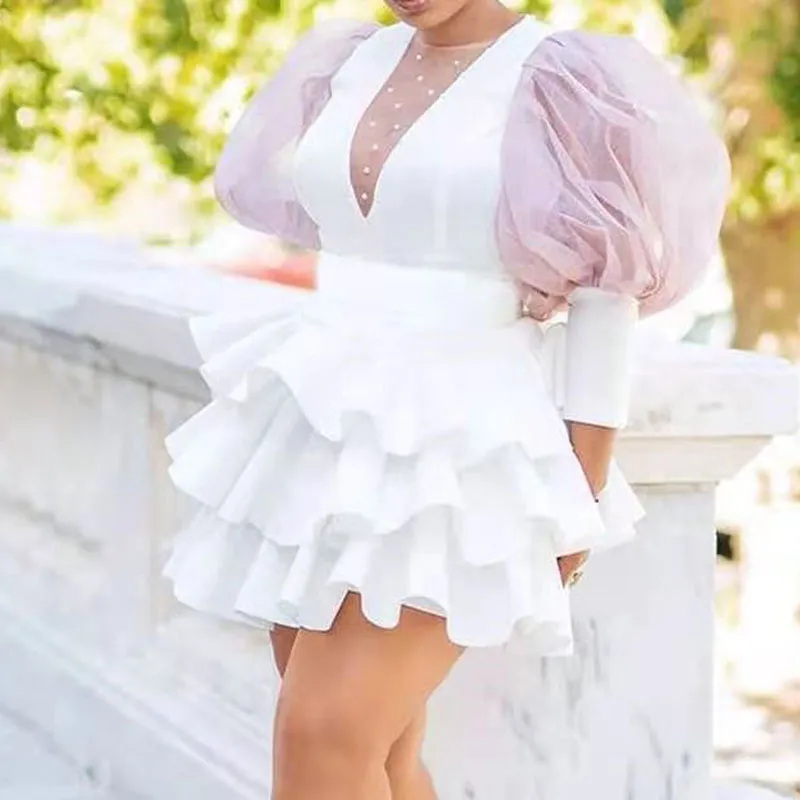 Solid Deep V-Neck Puff Sleeve Ruffle Design Mini Dress
