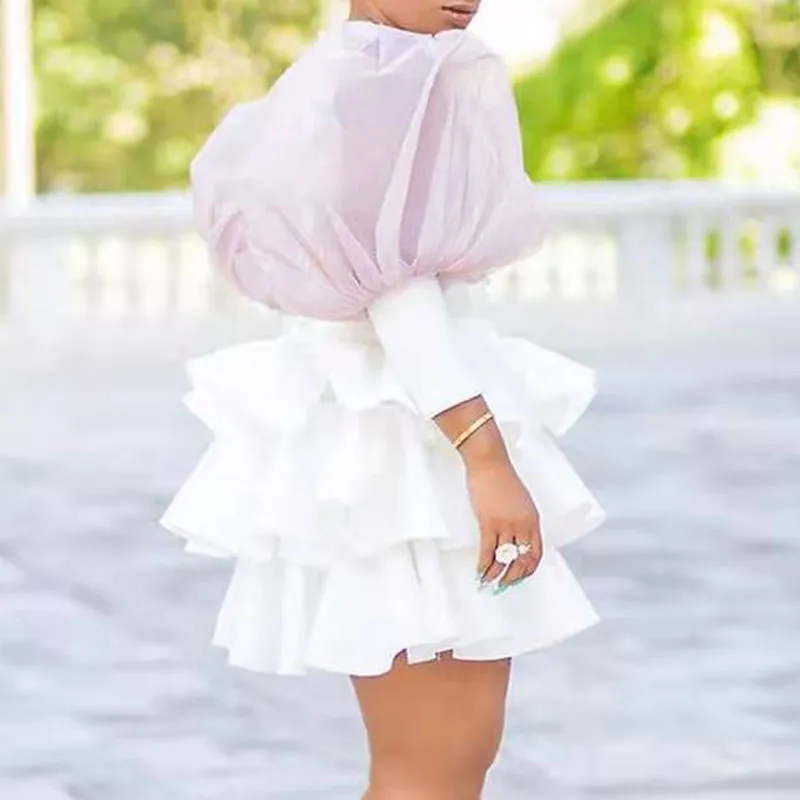 Solid Deep V-Neck Puff Sleeve Ruffle Design Mini Dress
