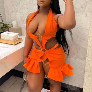 Solid Halter Sleeveless Hollow Out Ruffle Design 2PCS Dress Set