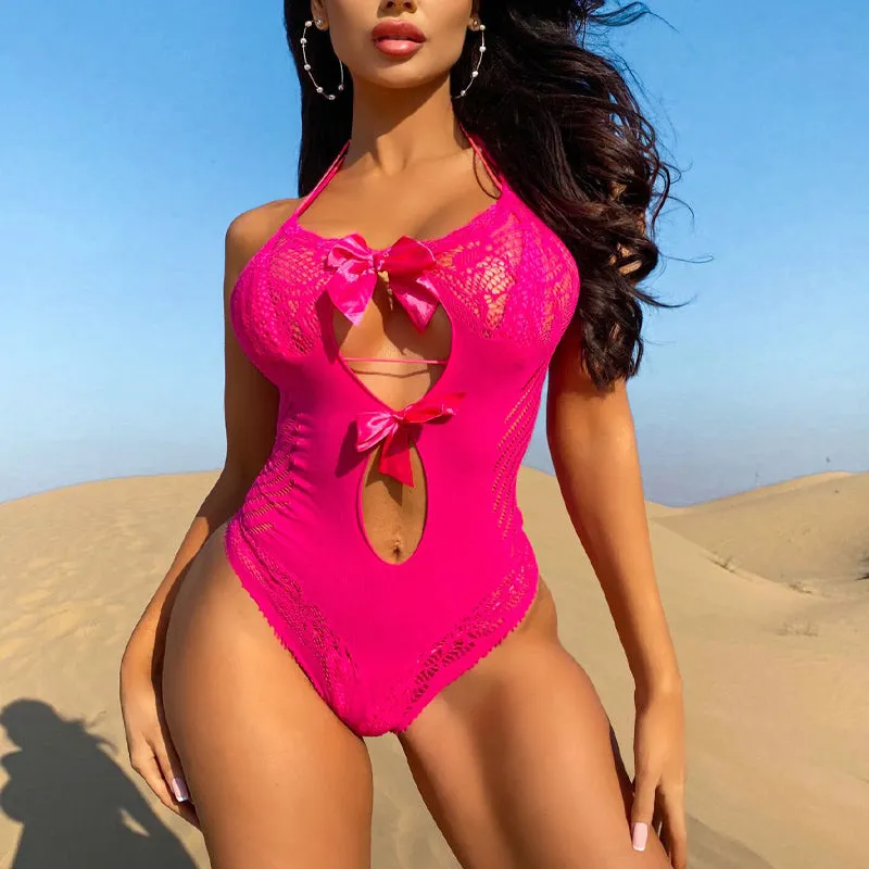 Solid Hollow Out Halter Bow Tie Bodysuit