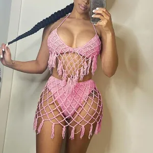Solid Knitted Hollow Out Tassel Design Two Piece Swimsuit Set