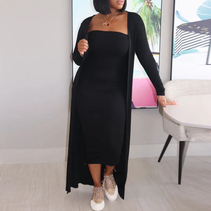 Solid Long Sleeve 2PCS Dress Set