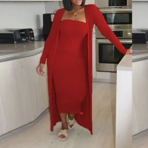 Solid Long Sleeve 2PCS Dress Set