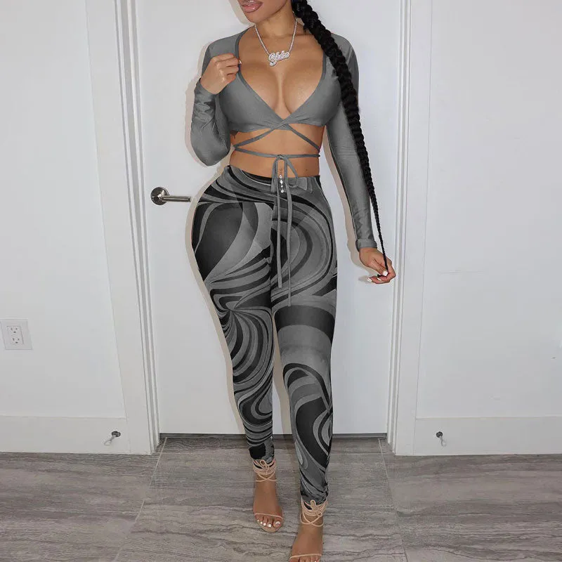 Solid Long Sleeve Bandage Top & Print Pants Set