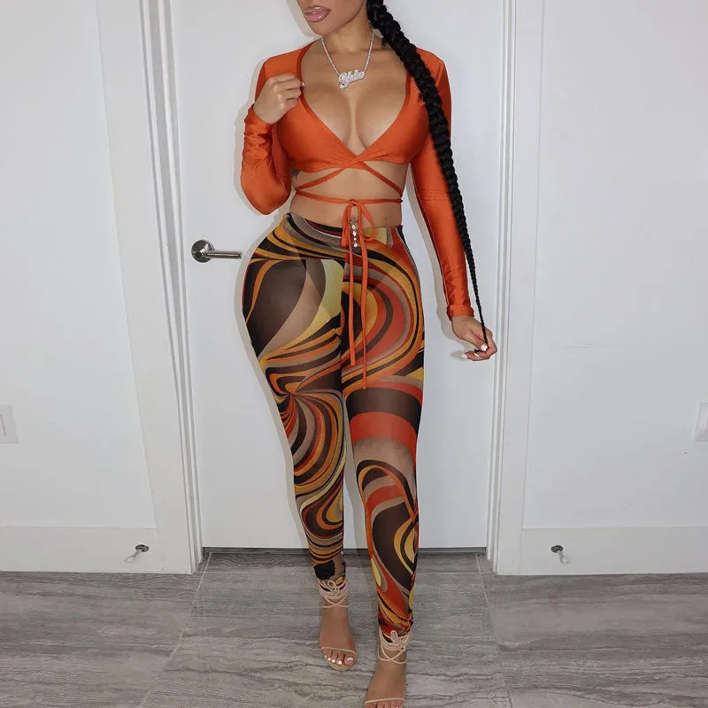 Solid Long Sleeve Bandage Top & Print Pants Set
