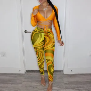 Solid Long Sleeve Bandage Top & Print Pants Set