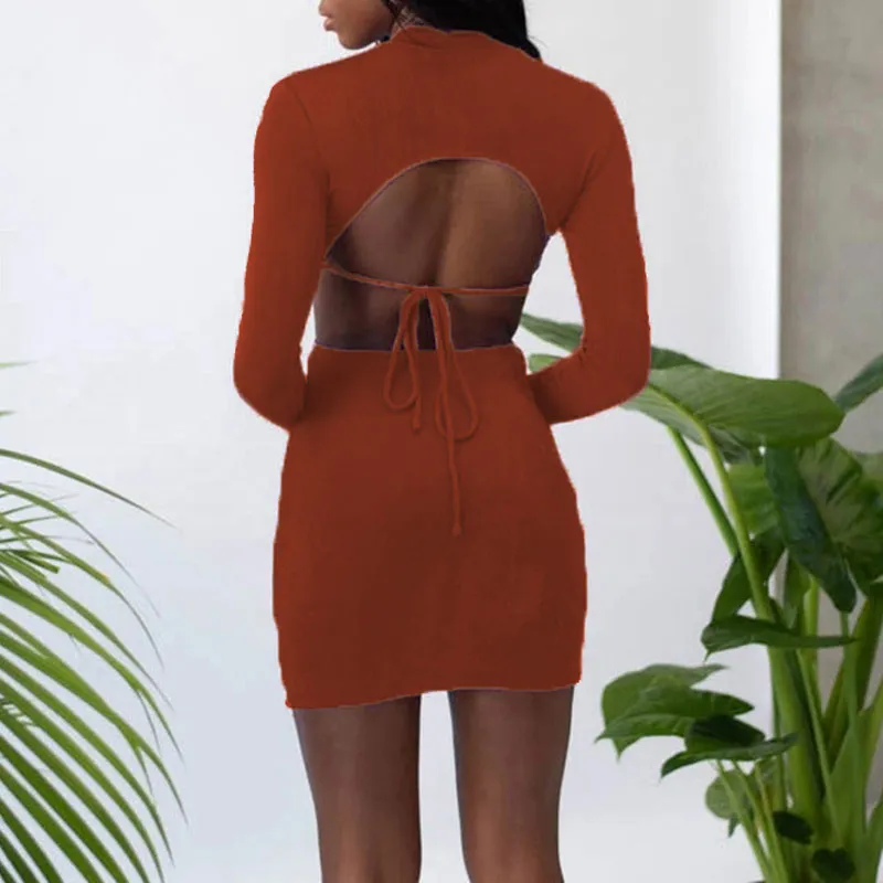 Solid Long Sleeve Cut Out Bandage Bodycon Dress