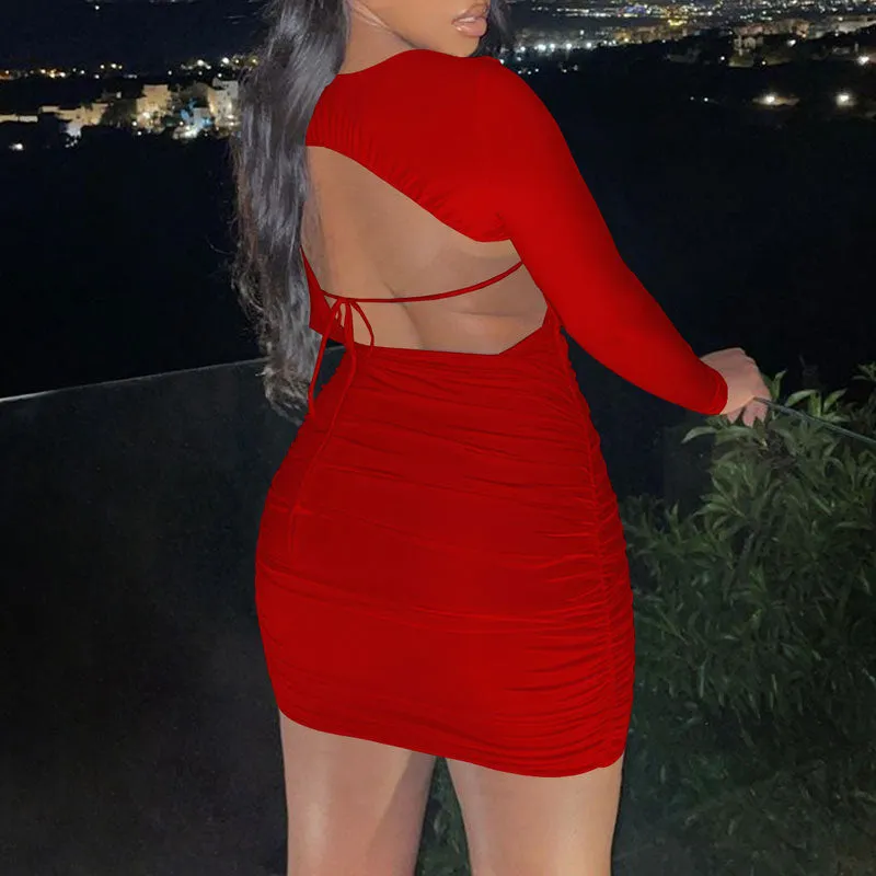 Solid Long Sleeve Cut Out Bandage Bodycon Dress
