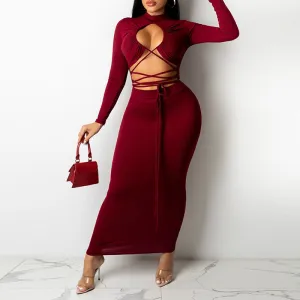 Solid Long Sleeve Cut Out Bandage Maxi Dress