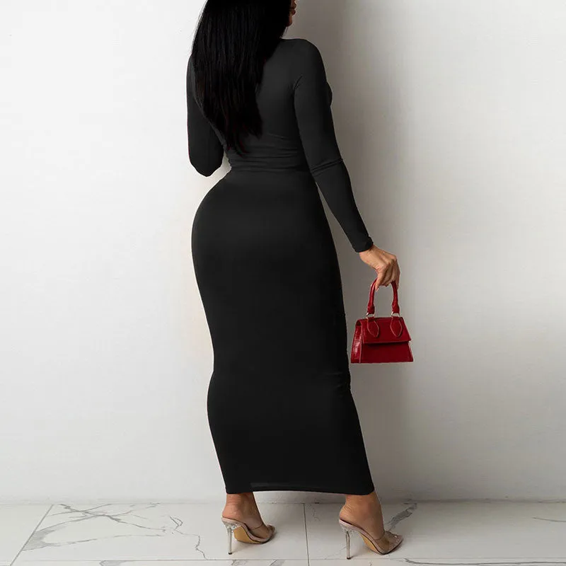 Solid Long Sleeve Cut Out Bandage Maxi Dress