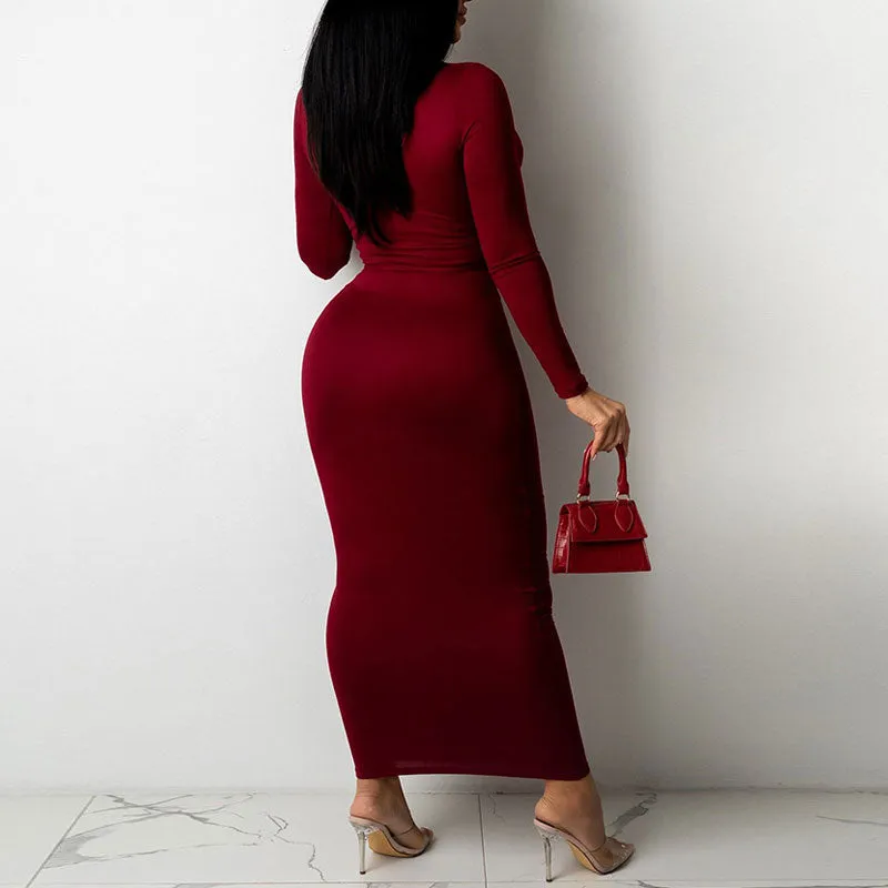 Solid Long Sleeve Cut Out Bandage Maxi Dress