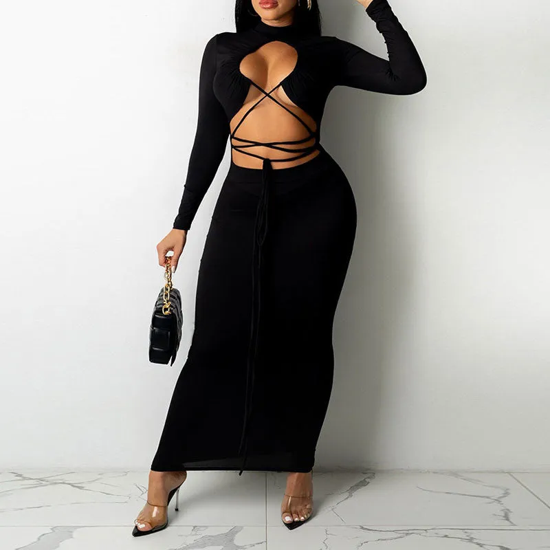 Solid Long Sleeve Cut Out Bandage Maxi Dress