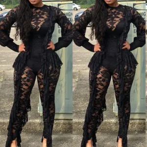 Solid Long Sleeve Lace Ruffle Design Jumpsuit