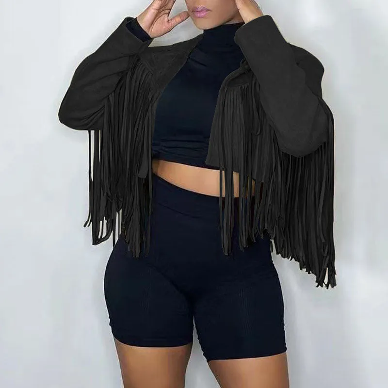 Solid Long Sleeve Tassel Design Coat