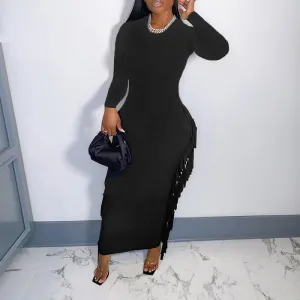 Solid Long Sleeve Tassel Design Maxi Dress