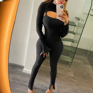 Solid Long Sleeve Top & Slit Jumpsuit