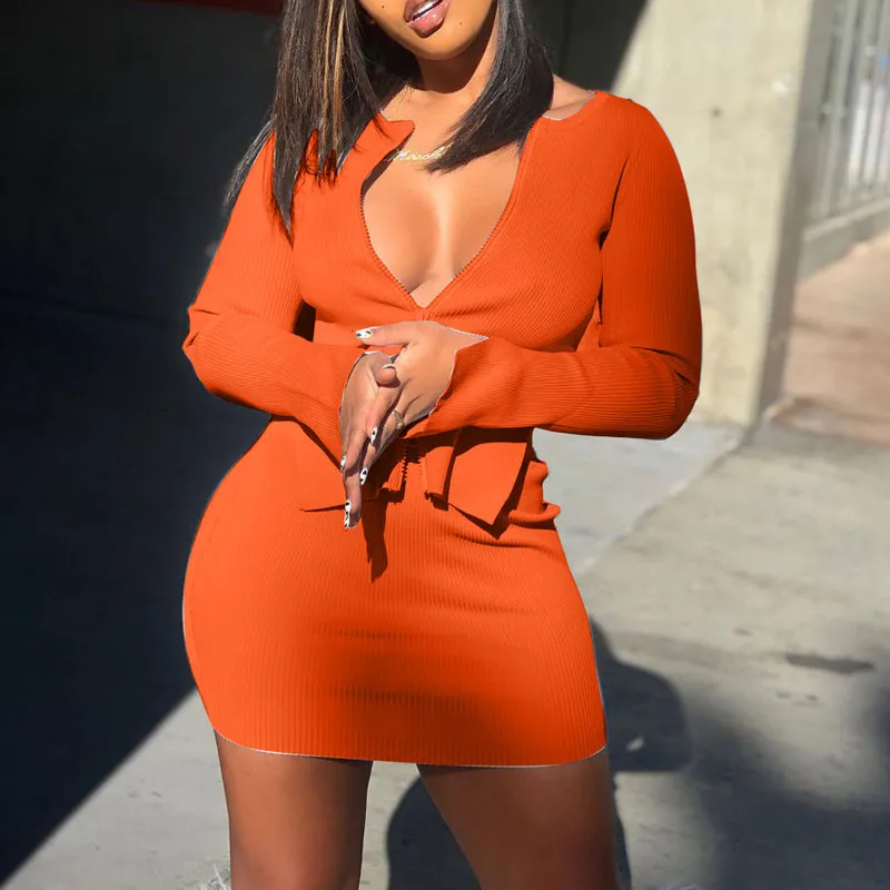 Solid Long Sleeve Zipper Design Top & Skirt Set