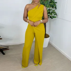 Solid One Shoulder Sleeveless Wide Leg Jumpsuit