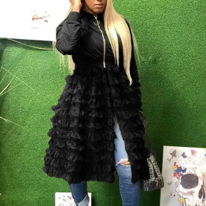 Solid Pocket Zipper Design Long Sleeve Ruffles Long Coat