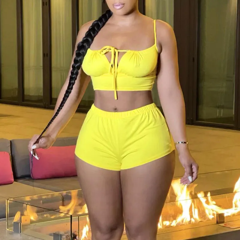 Solid Sleeveless Bandage Tube Top & Shorts Set