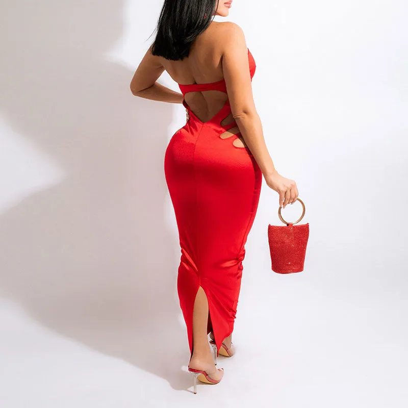 Solid Sleeveless Halter Cut Out Slit Maxi Dress