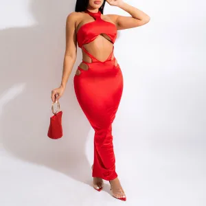 Solid Sleeveless Halter Cut Out Slit Maxi Dress