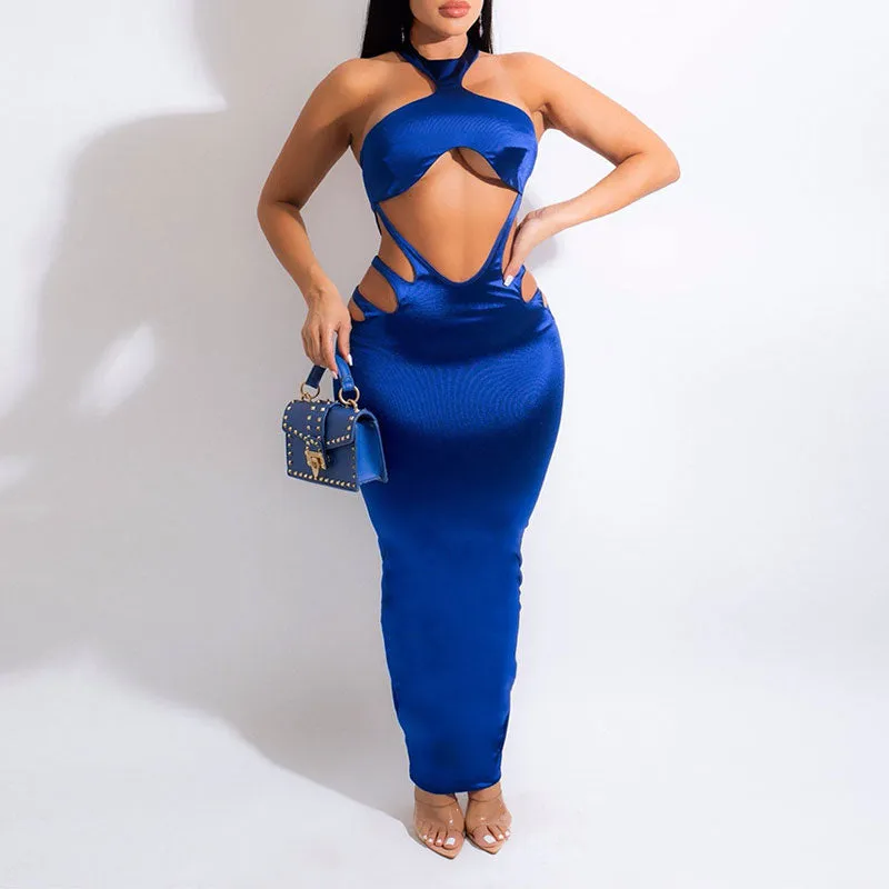 Solid Sleeveless Halter Cut Out Slit Maxi Dress