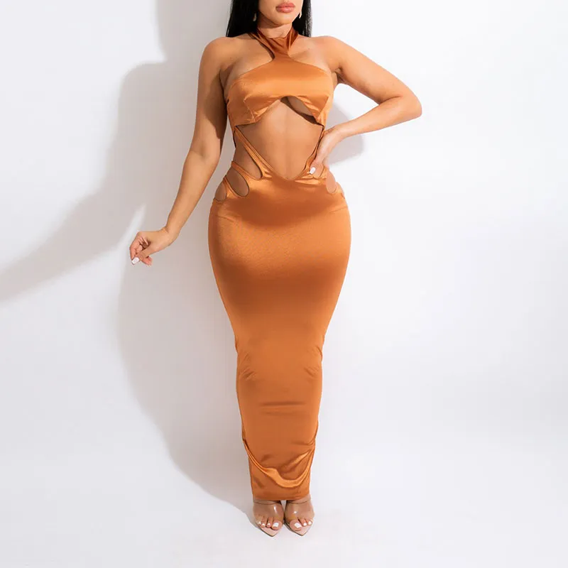 Solid Sleeveless Halter Cut Out Slit Maxi Dress