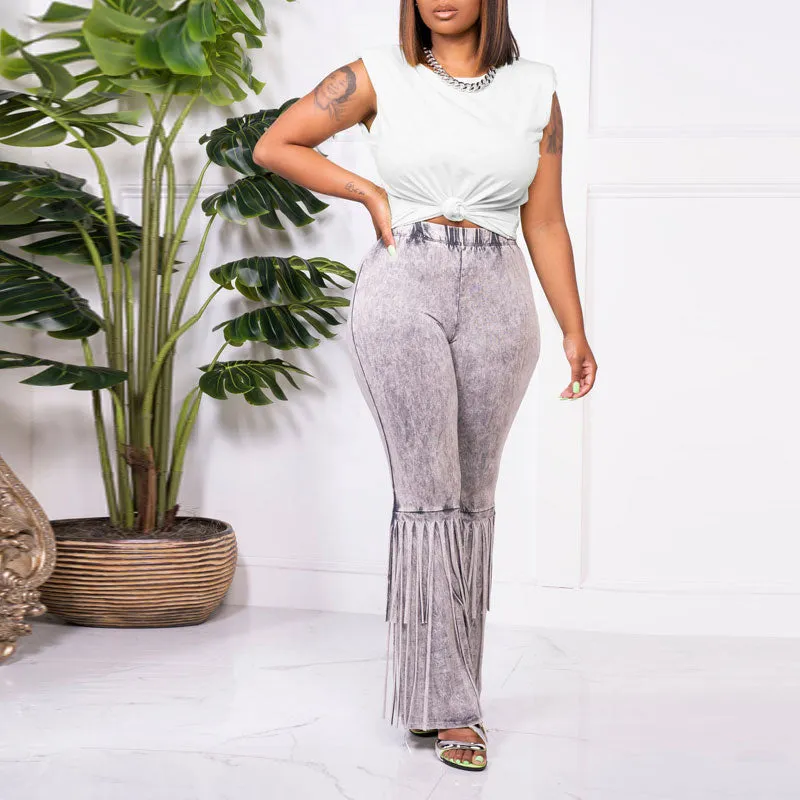 Solid Sleeveless Top & Tassel Design Pants Set