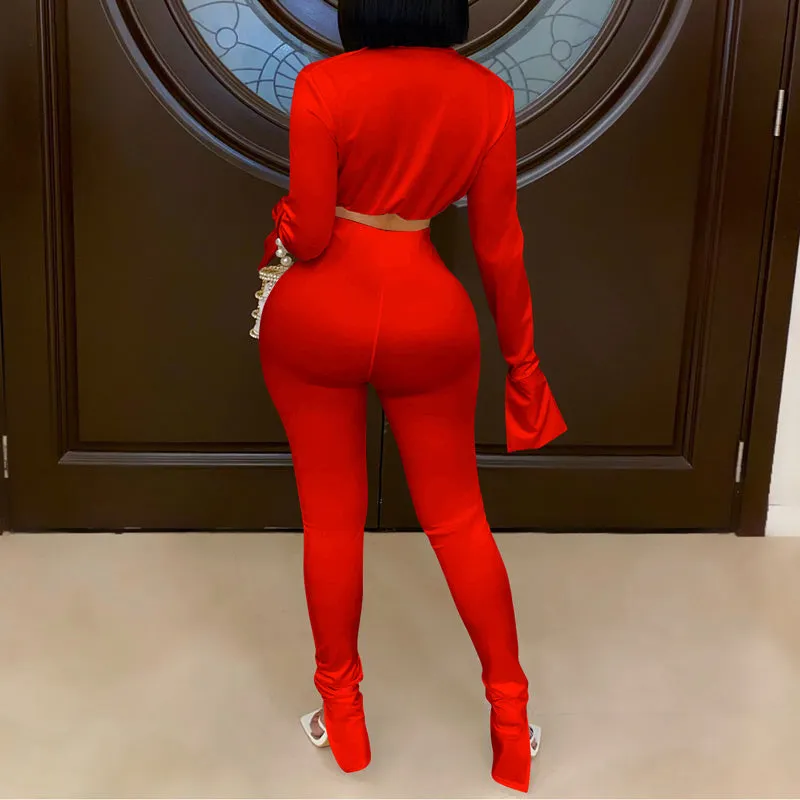 Solid Tied Long Sleeve Two Piece Set