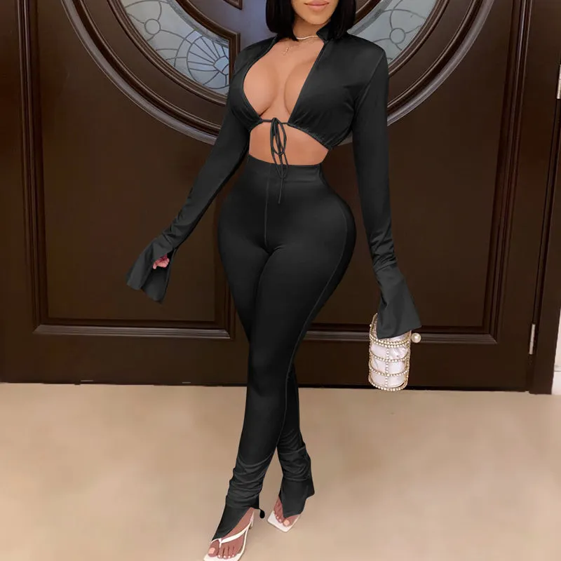 Solid Tied Long Sleeve Two Piece Set