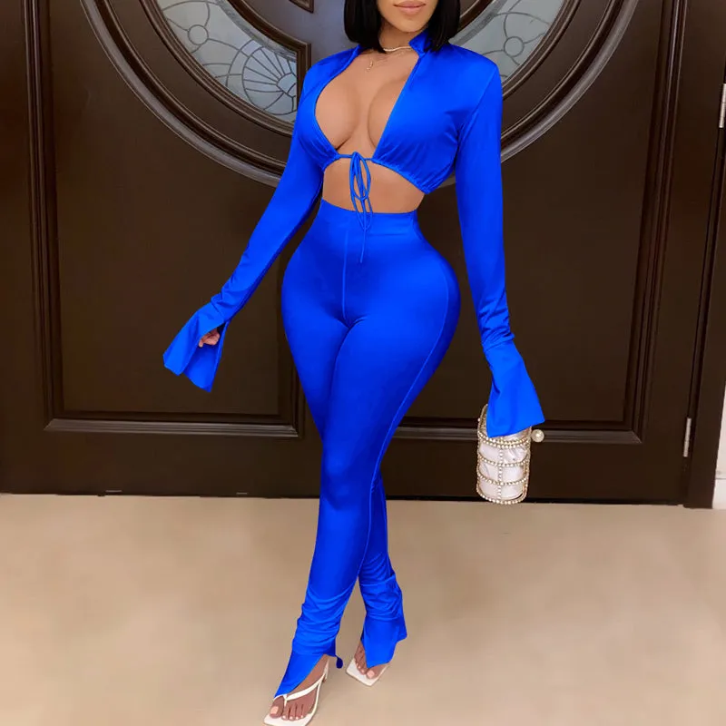 Solid Tied Long Sleeve Two Piece Set