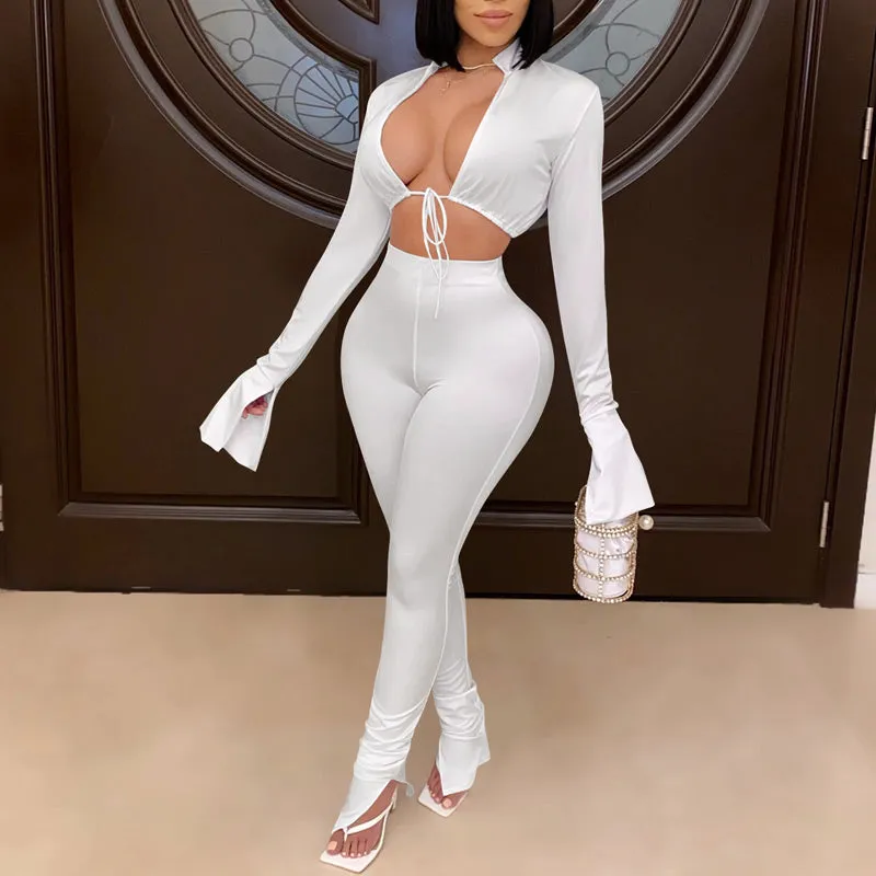 Solid Tied Long Sleeve Two Piece Set