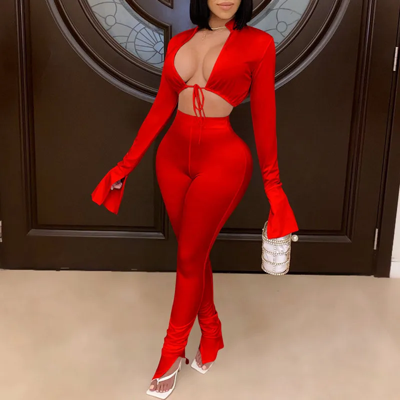 Solid Tied Long Sleeve Two Piece Set
