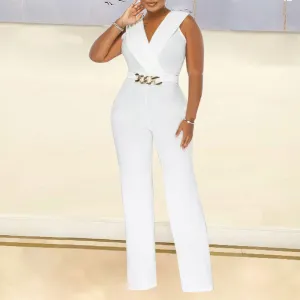 Solid V-Neck Sleeveless Chain Decoration Jumpsuit