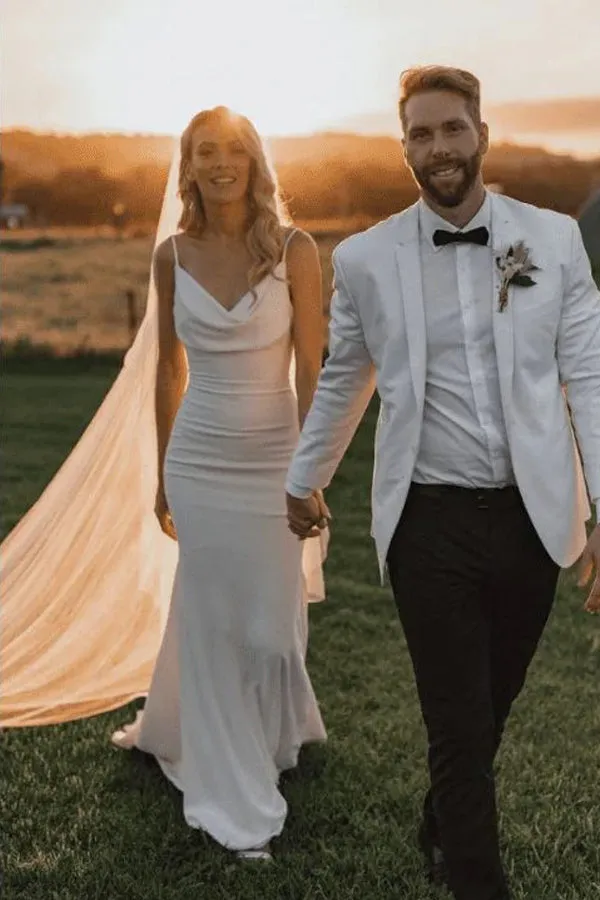 Spaghetti Straps Cowl Neck Mermaid Simple Wedding Dress TD0009