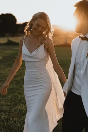 Spaghetti Straps Cowl Neck Mermaid Simple Wedding Dress TD0009