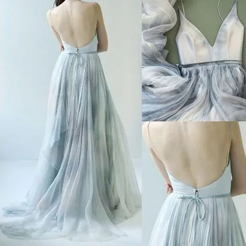 Spaghetti Straps V Neck Simple Prom Dresses Long Tulle Evening Dresses