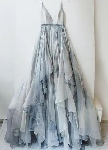 Spaghetti Straps V Neck Simple Prom Dresses Long Tulle Evening Dresses