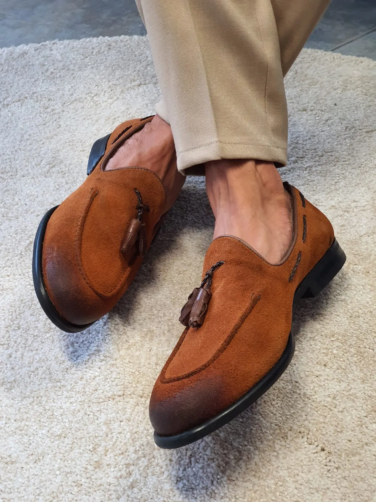 Stefano Tan Suede Tassel Loafers - Elevate Your Style