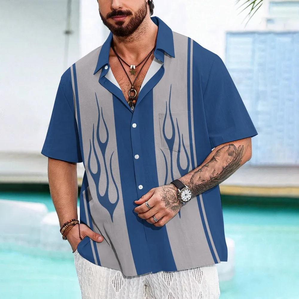 Striped Flame Print Casual Oversized Short-Sleeved Shirt 2408010869