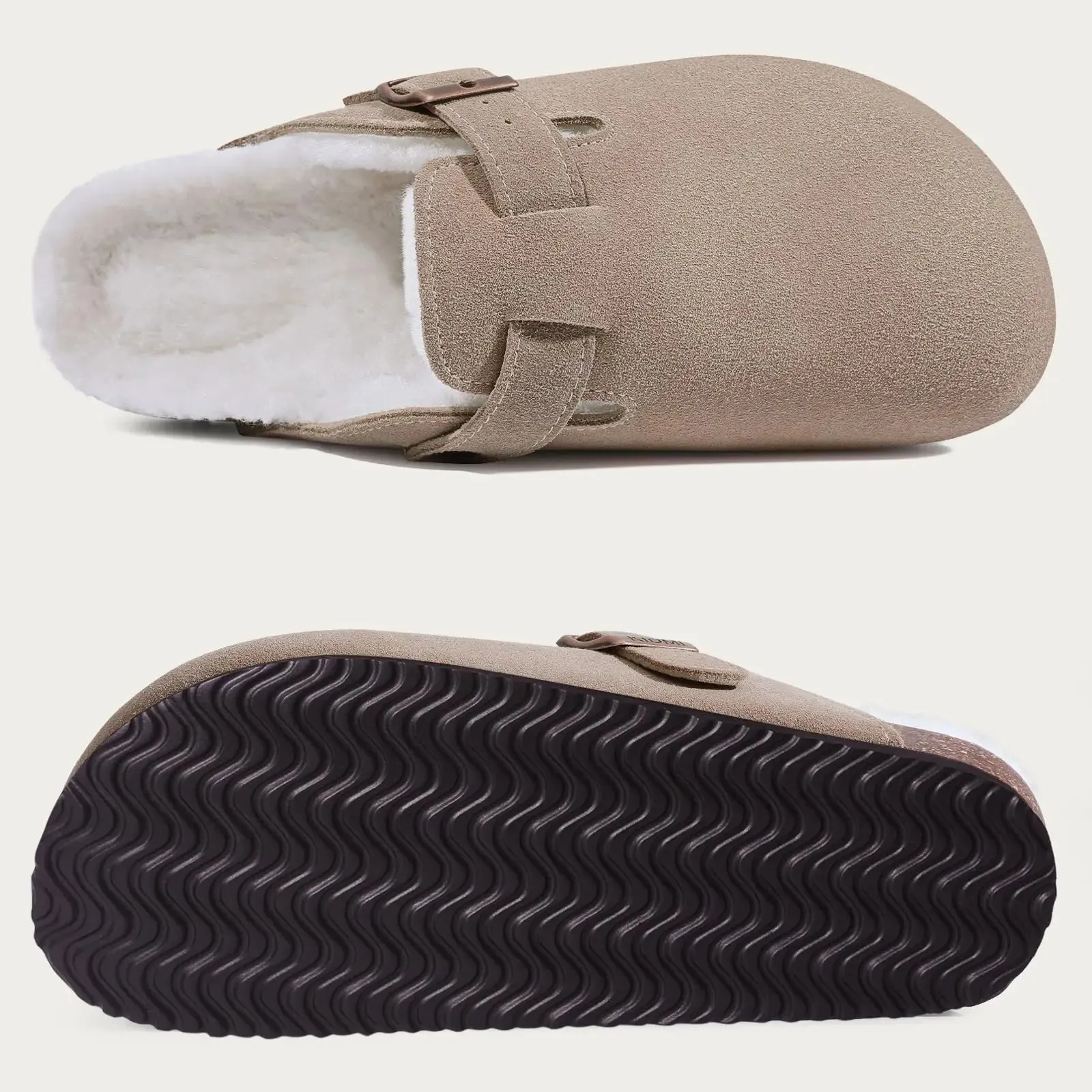 Suede Clogs - Mules with Cork Footbed, Arch Support, Fashionable Non-Slip Outdoor Beach Slippers, Home Shoes for Women