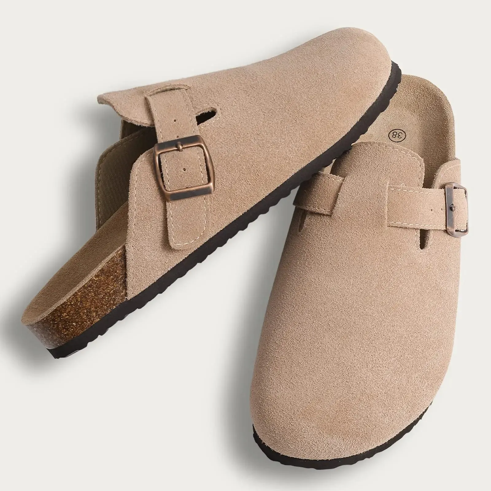 Suede Clogs - Mules with Cork Footbed, Arch Support, Fashionable Non-Slip Outdoor Beach Slippers, Home Shoes for Women