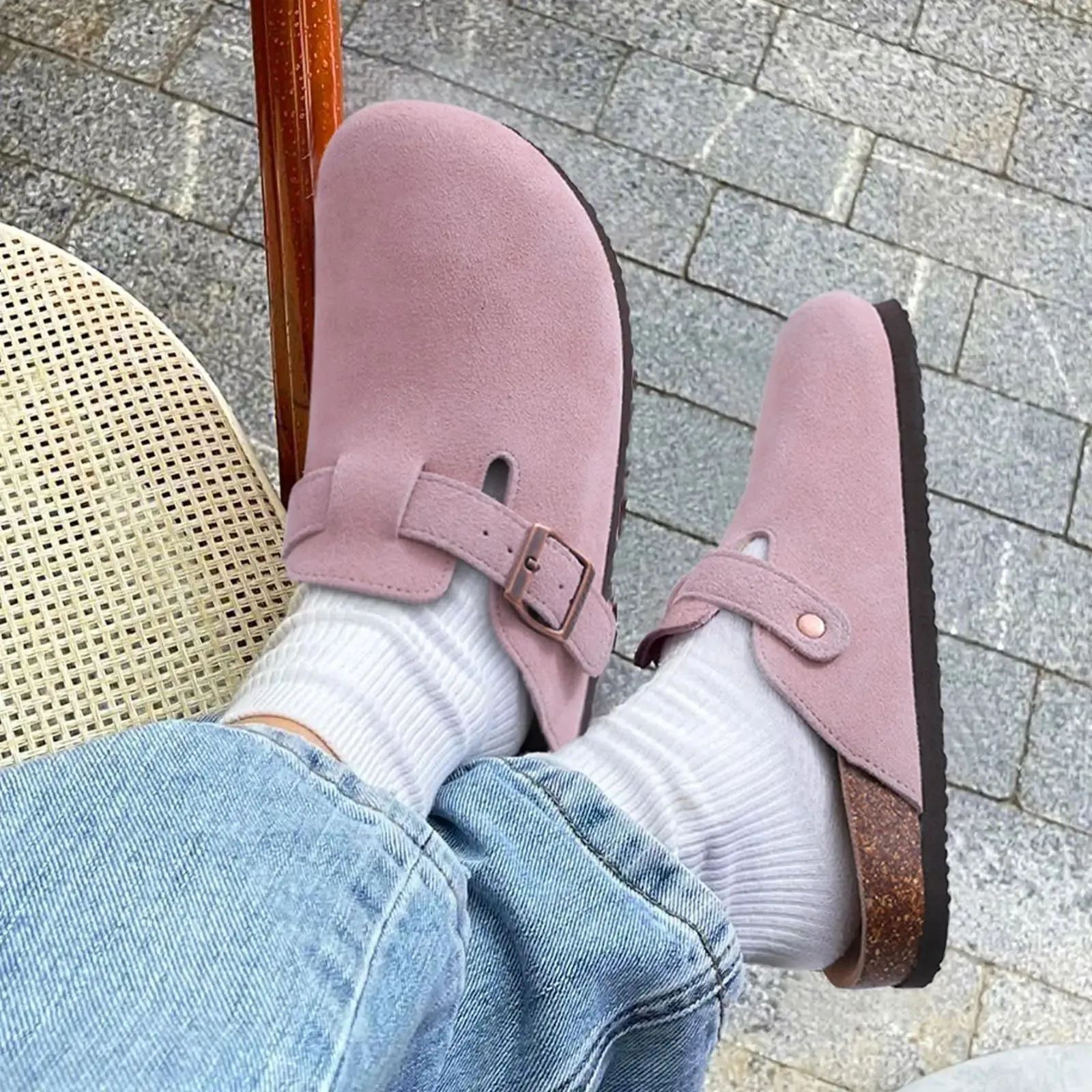 Suede Clogs - Mules with Cork Footbed, Arch Support, Fashionable Non-Slip Outdoor Beach Slippers, Home Shoes for Women