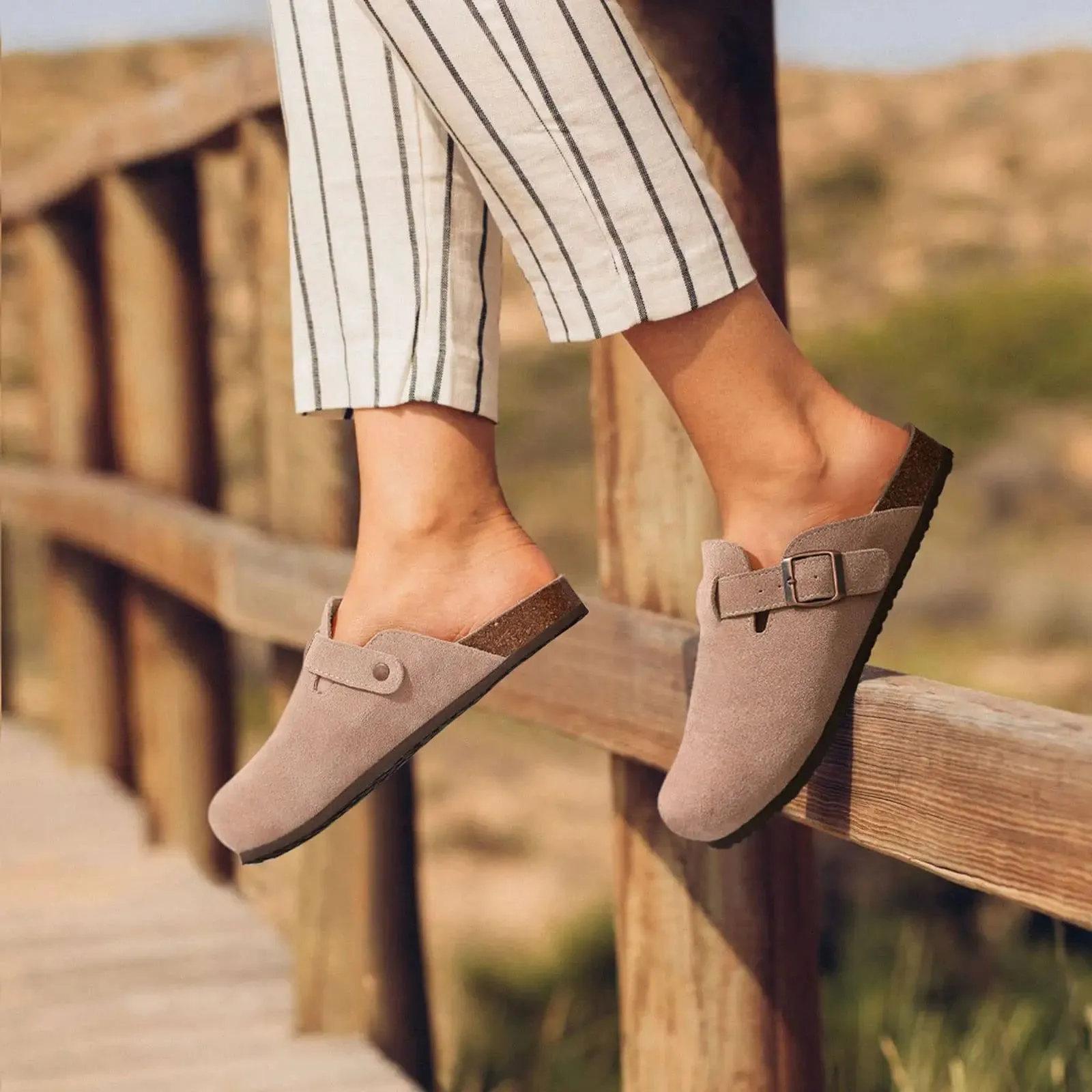 Suede Clogs - Mules with Cork Footbed, Arch Support, Fashionable Non-Slip Outdoor Beach Slippers, Home Shoes for Women