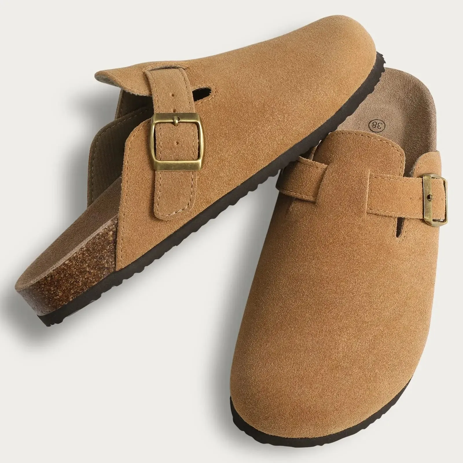 Suede Clogs - Mules with Cork Footbed, Arch Support, Fashionable Non-Slip Outdoor Beach Slippers, Home Shoes for Women