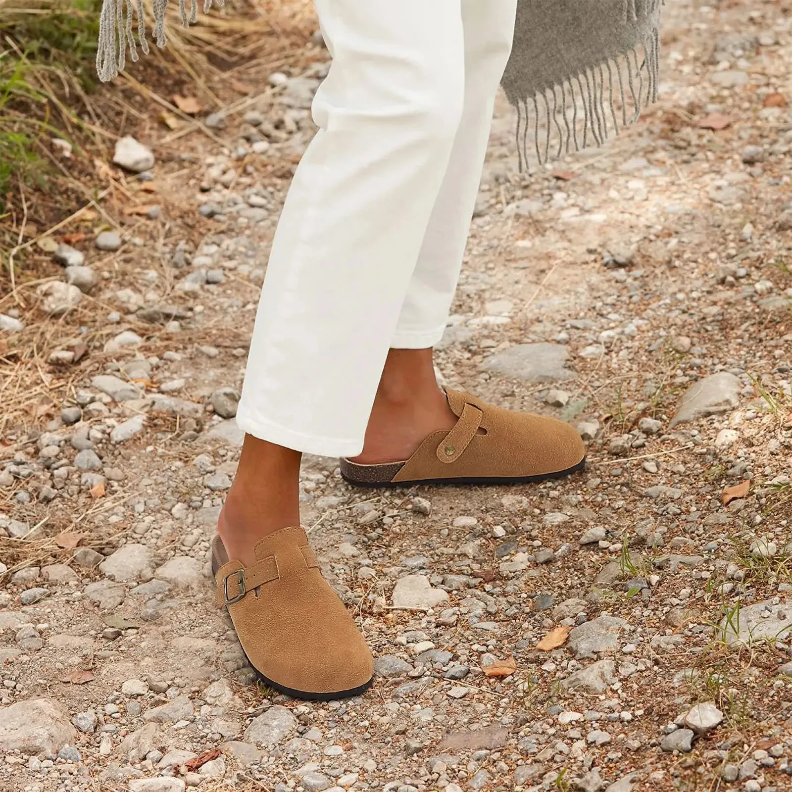 Suede Clogs - Mules with Cork Footbed, Arch Support, Fashionable Non-Slip Outdoor Beach Slippers, Home Shoes for Women